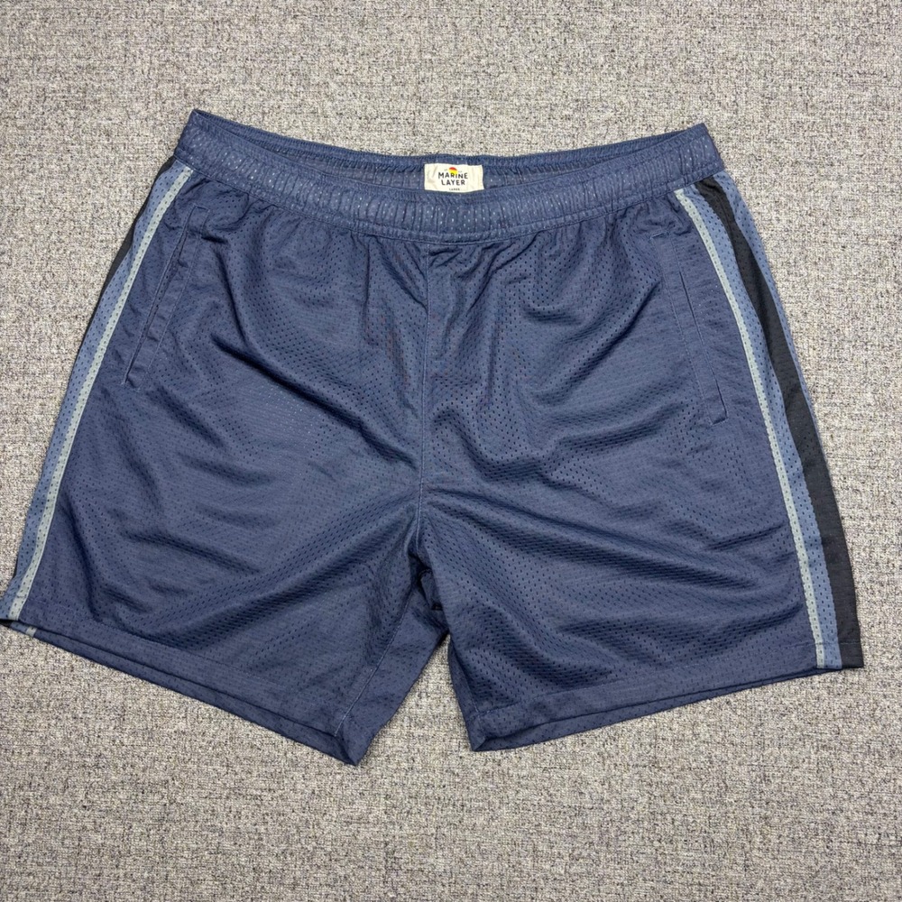 Marine Layer Shorts Mens Large 16187 Navy Blue Mesh Side Stripe Athletic Active